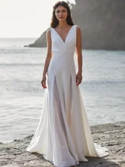 Robe de mariée simple en tissu satiné col en V sans manches en dentelle coupe A