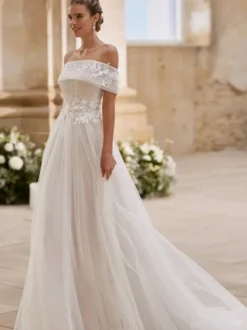 Robe de mariée simple en tulle bustier manches courtes ornée d'appliqués coupe trapèze