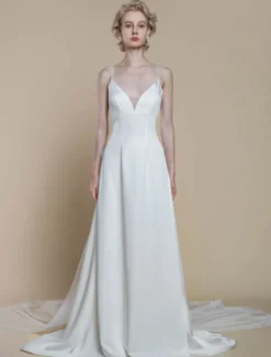 Robe de mariée simple fourreau col en V sans manches nœuds 30 cm robes de mariée