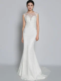 Robe de mariée simple ivoire col rond en dentelle sans manche jupe sirène à traîne Robe de mariage