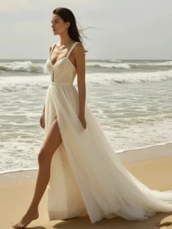 Robe de Mariée Simple Ivoire sans manches Cou original en tulle Robes de mariée