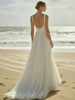 Robe de Mariée Simple Ivoire sans manches Cou original en tulle Robes de mariée