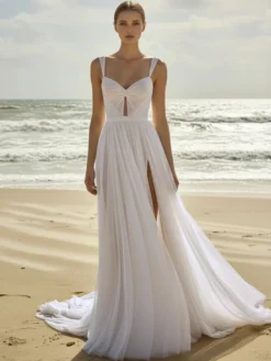Robe de Mariée Simple Ivoire sans manches Cou original en tulle Robes de mariée