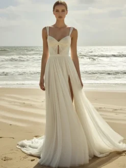 Robe de Mariée Simple Ivoire sans manches Cou original en tulle Robes de mariée