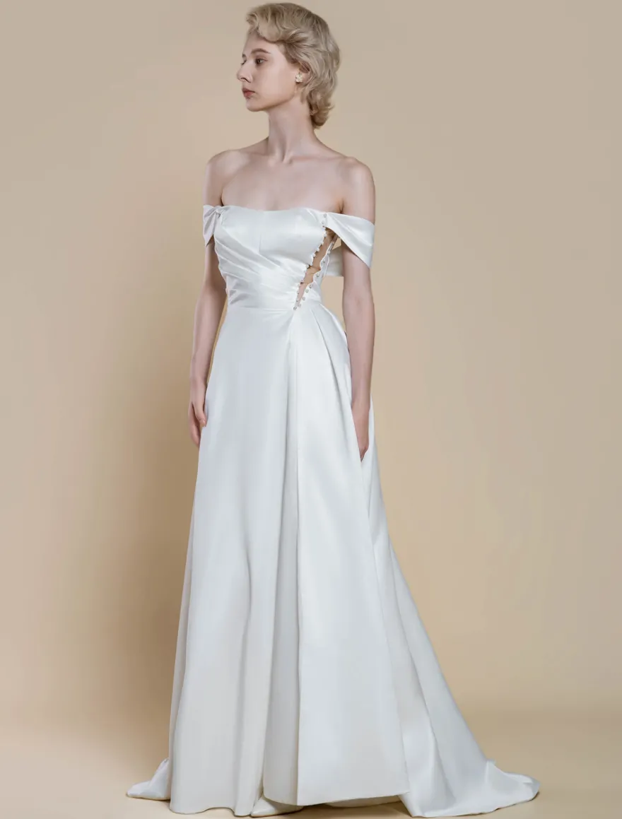 Robe de mariée simple robe de bal décolleté sans manches perles 20 cm