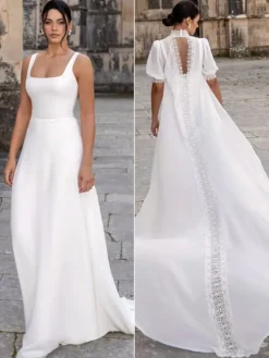 Robe de mariée simple robe de bal col bijou manches courtes volants 30 cm