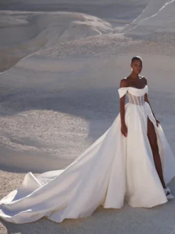 Robe de mariée simple robe de bal coupe trapèze décolleté manches courtes découpes
