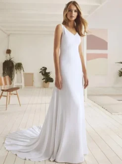 Robe de mariée simple robe de bal col en V sans manches dentelle 40 cm