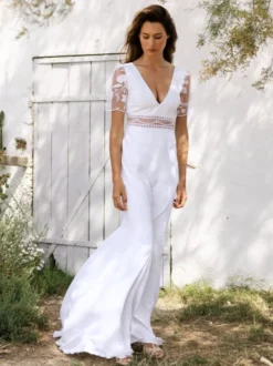 Robe de mariée simple robe de bal col en V manches courtes découpes de 20 cm