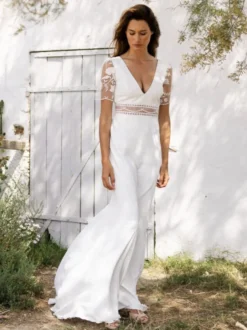 Robe de mariée simple robe de bal col en V manches courtes découpes de 20 cm