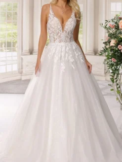Robe de mariée simple robe de mariage col V décolleté à traîne