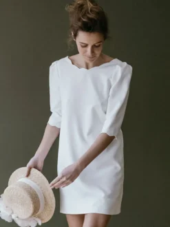 Robe de mariée simple robe de mariée courte col rond dos en V manche 3/4 robe mariage civil
