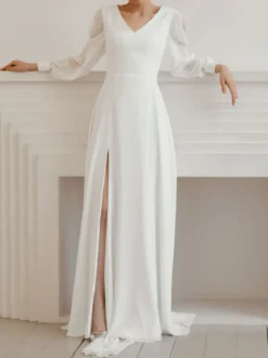 Robe de mariée simple robe de mariage col V manche longue en chiffon jupe fendue