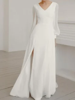 Robe de mariée simple robe de mariage col V manche longue en chiffon jupe fendue