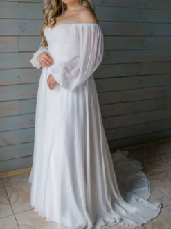 Robe de mariée simple robe de mariage col en coeur manche longue à traîne