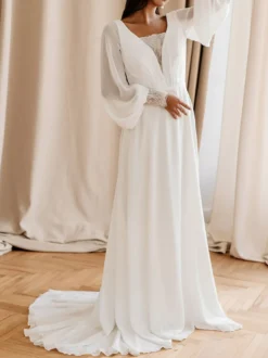 Robe de mariée simple robe de mariage col V manche longue en chiffon