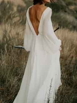 Robe de mariée simple robe de mariage col V manche longue en chiffon