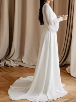 Robe de mariée simple robe de mariage col V manche longue en chiffon