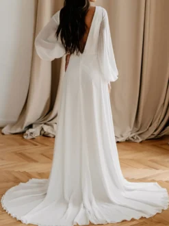 Robe de mariée simple robe de mariage col V manche longue en chiffon