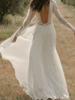 Robe de mariée simple robe de mariage col V manche longue jupe fendue au sol