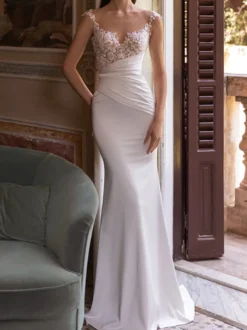 Robe de mariée simple robe de mariée sirène traîne amovible col rond zip sur dos