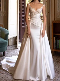 Robe de mariée simple robe de mariée sirène traîne amovible col rond zip sur dos