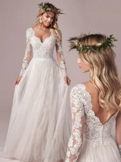 Robe de mariée simple robe de mariage en dentelle col V manche longue transparente décolleté à traîne
