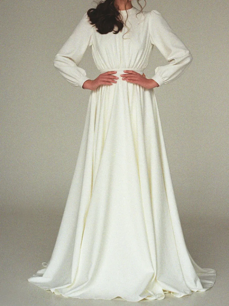 Robe de mariée simple robe de mariage col rond manche longue au sol