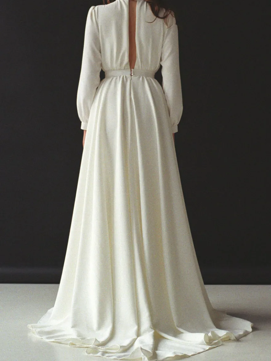 Robe de mariée simple robe de mariage col rond manche longue au sol