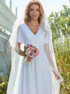 Robe de mariée simple robe de soirée de mariage col V manche courte au sol