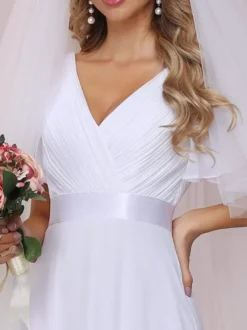 Robe de mariée simple robe de soirée de mariage col V manche courte au sol