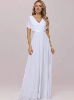 Robe de mariée simple robe de soirée de mariage col V manche courte au sol