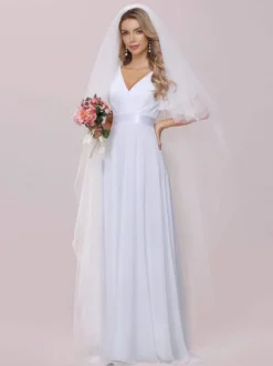 Robe de mariée simple robe de soirée de mariage col V manche courte au sol