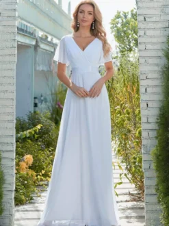 Robe de mariée simple robe de soirée de mariage col V manche courte au sol