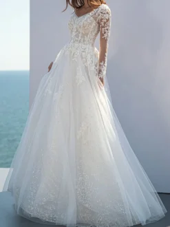 Robe de mariée simple robe mariage col V manche longue à traîne