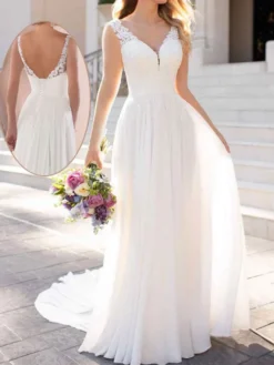 Robe de mariée simple sans manche col V boutonné sur dos à traîne