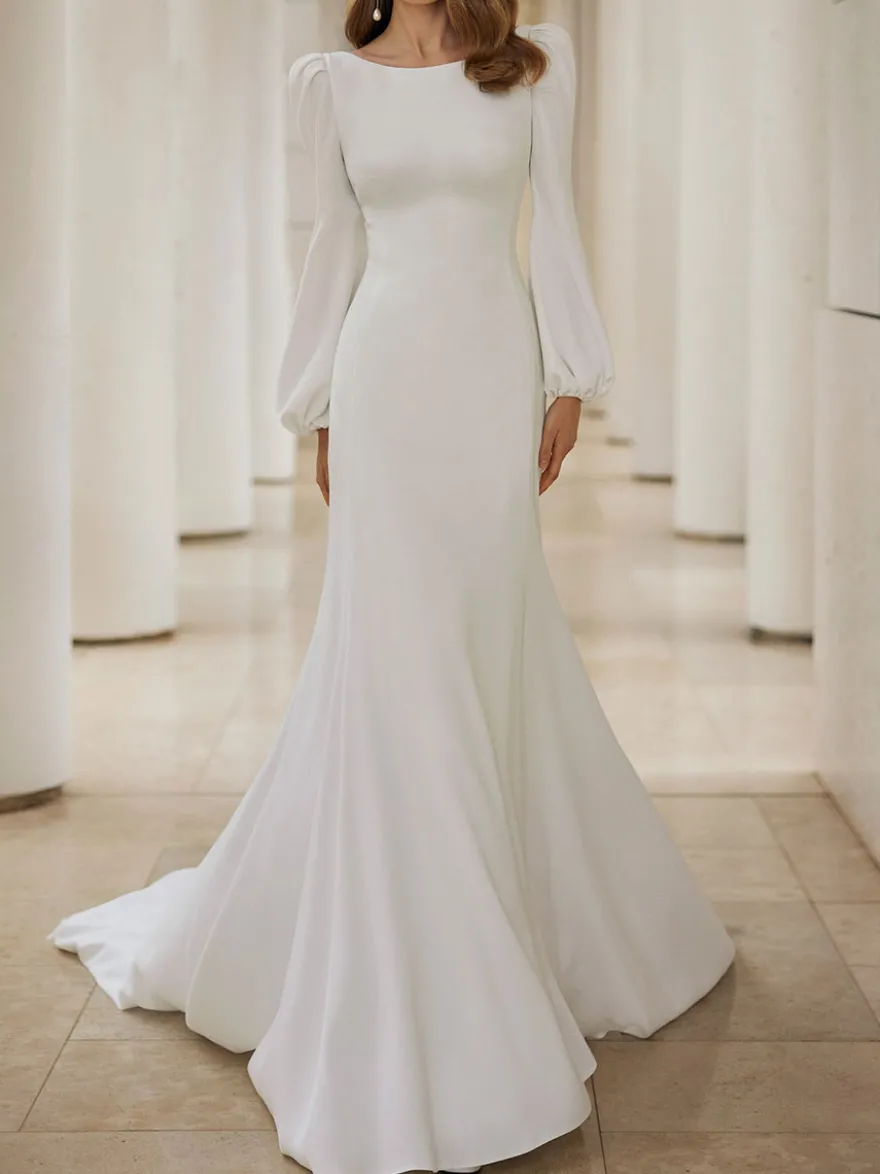 Robe de mariée simple sirène bijou cou manches longues robes de mariée personnalisation gratuite