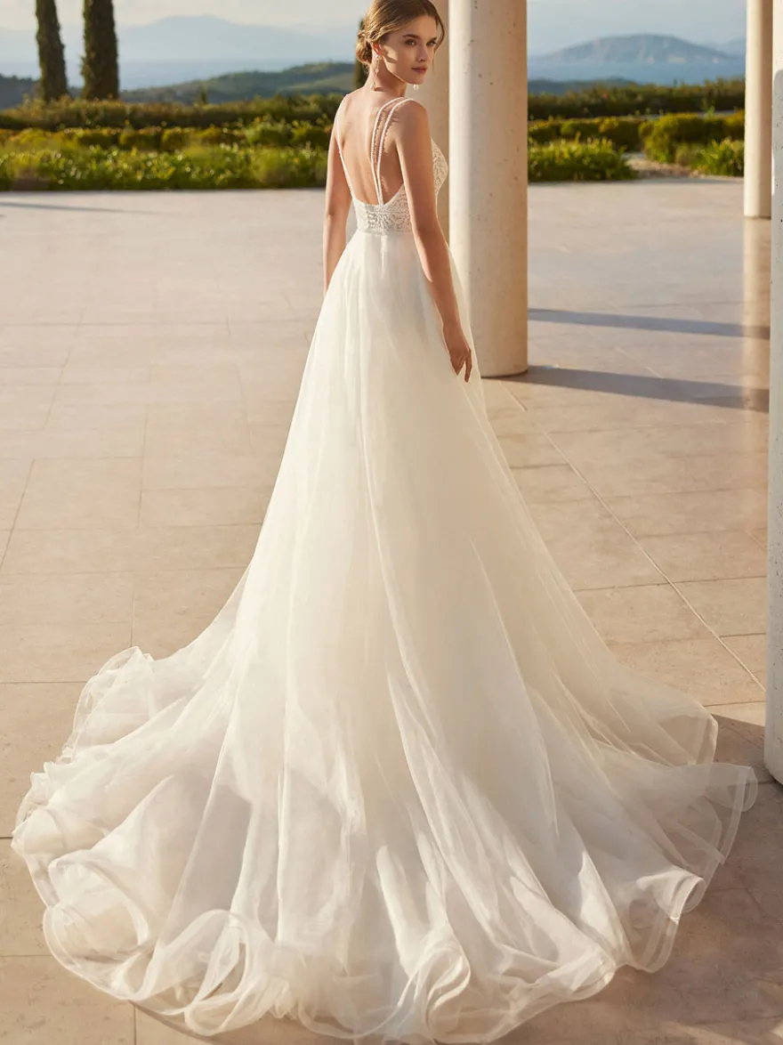Robe de mariée simple sirène col en V sans manches à traîne amovible