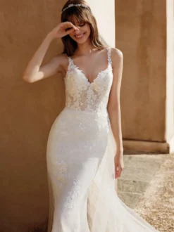 Robe de mariée sirène en dentelle col V à bretelle zip sur dos à traîne