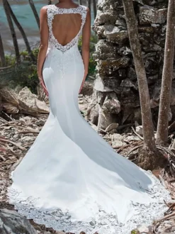 Robe de Mariée Sirène ivoire en Dentelle col rond décolleté à traîne robe de mariage