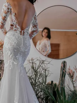 Robe de mariée sirène robe de mariage col V manche longue en dentelle à traîne