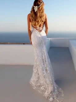 Robe de mariée sirène sexy Robe de mariée en dentelle blanche à col en V et dos nu