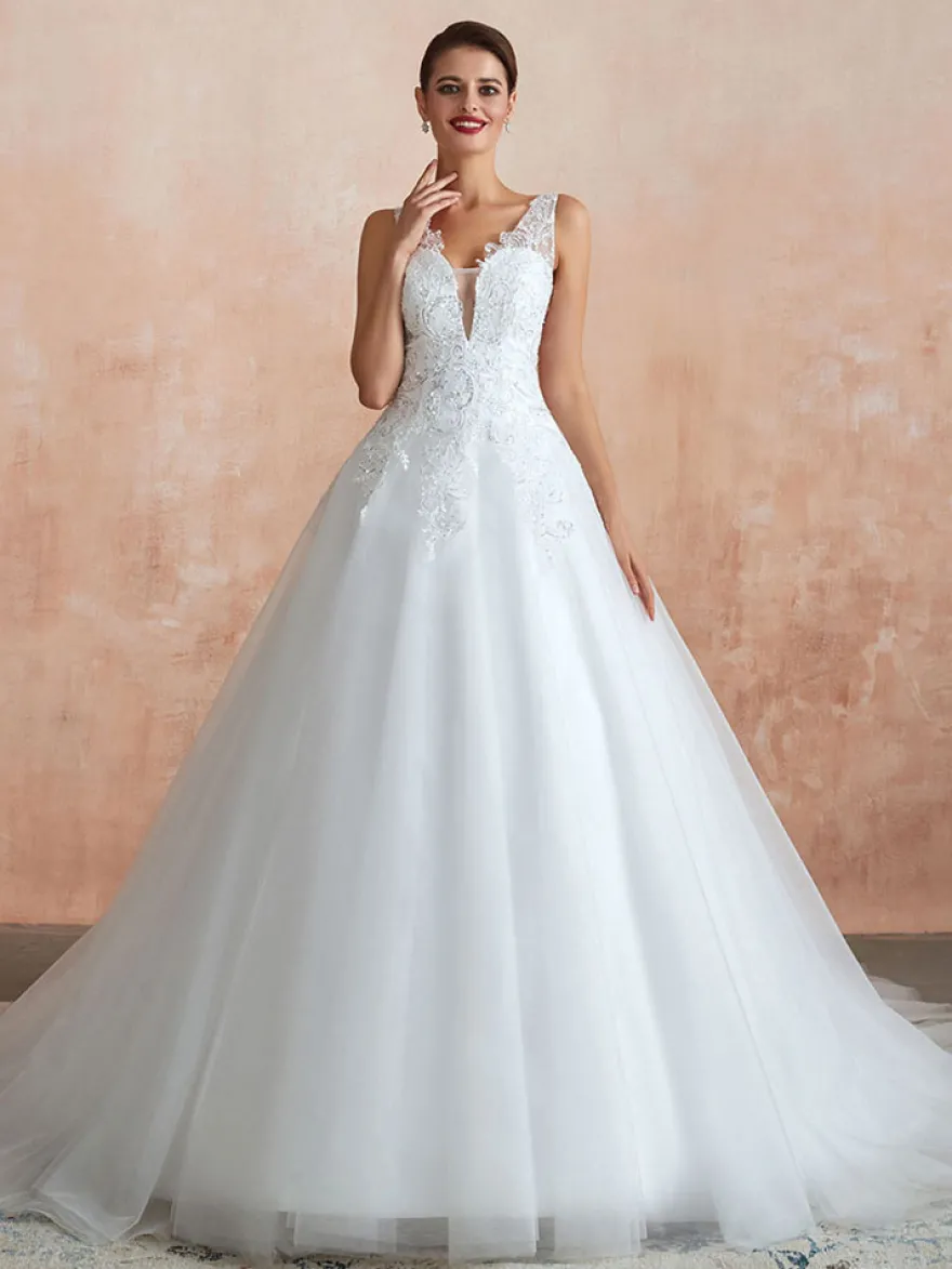 Robe de mariée trapèze blanche en tulle col V dos transparent à traîne robe de mariage