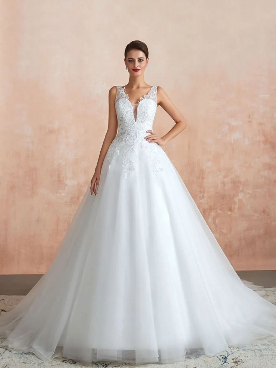Robe de mariée trapèze blanche en tulle col V dos transparent à traîne robe de mariage