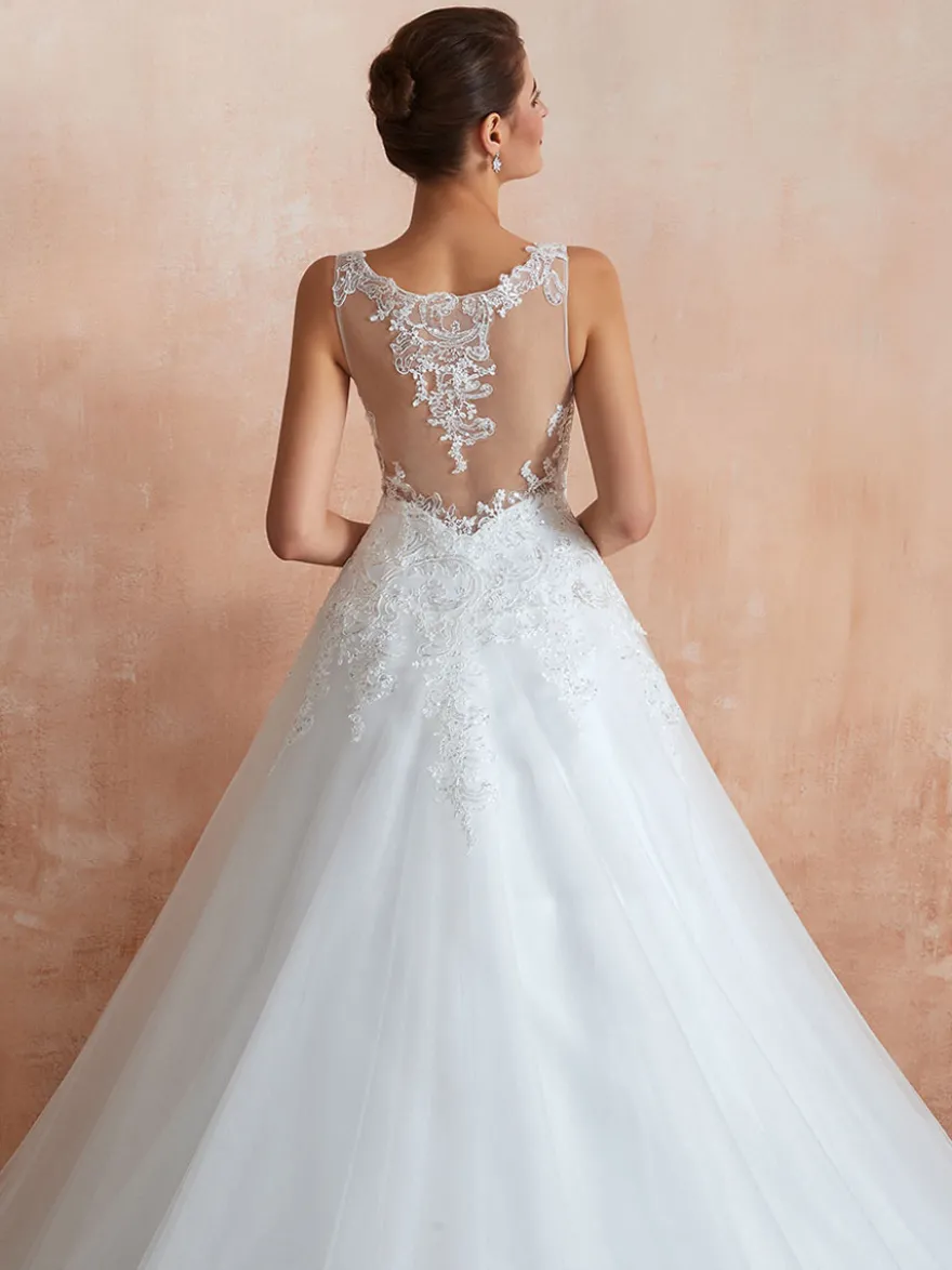 Robe de mariée trapèze blanche en tulle col V dos transparent à traîne robe de mariage
