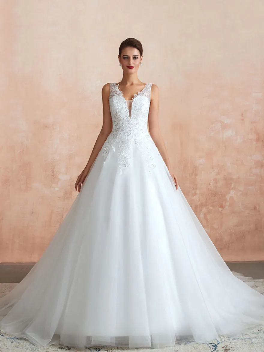 Robe de mariée trapèze blanche en tulle col V dos transparent à traîne robe de mariage