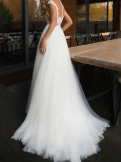 Robe de mariée trapèze blanche en tulle col rond en dentelle transparent jupe plissée à traîne Robe de mariage