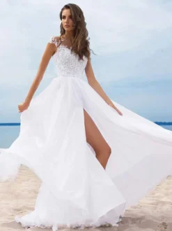 Robe de mariée trapèze blanche ivorie jupe fendu robe de mariage