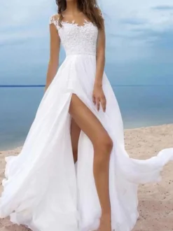 Robe de mariée trapèze blanche ivorie jupe fendu robe de mariage