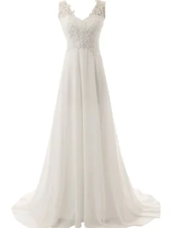 Robe de mariée trapèze col V boutonné sur dos à traîne